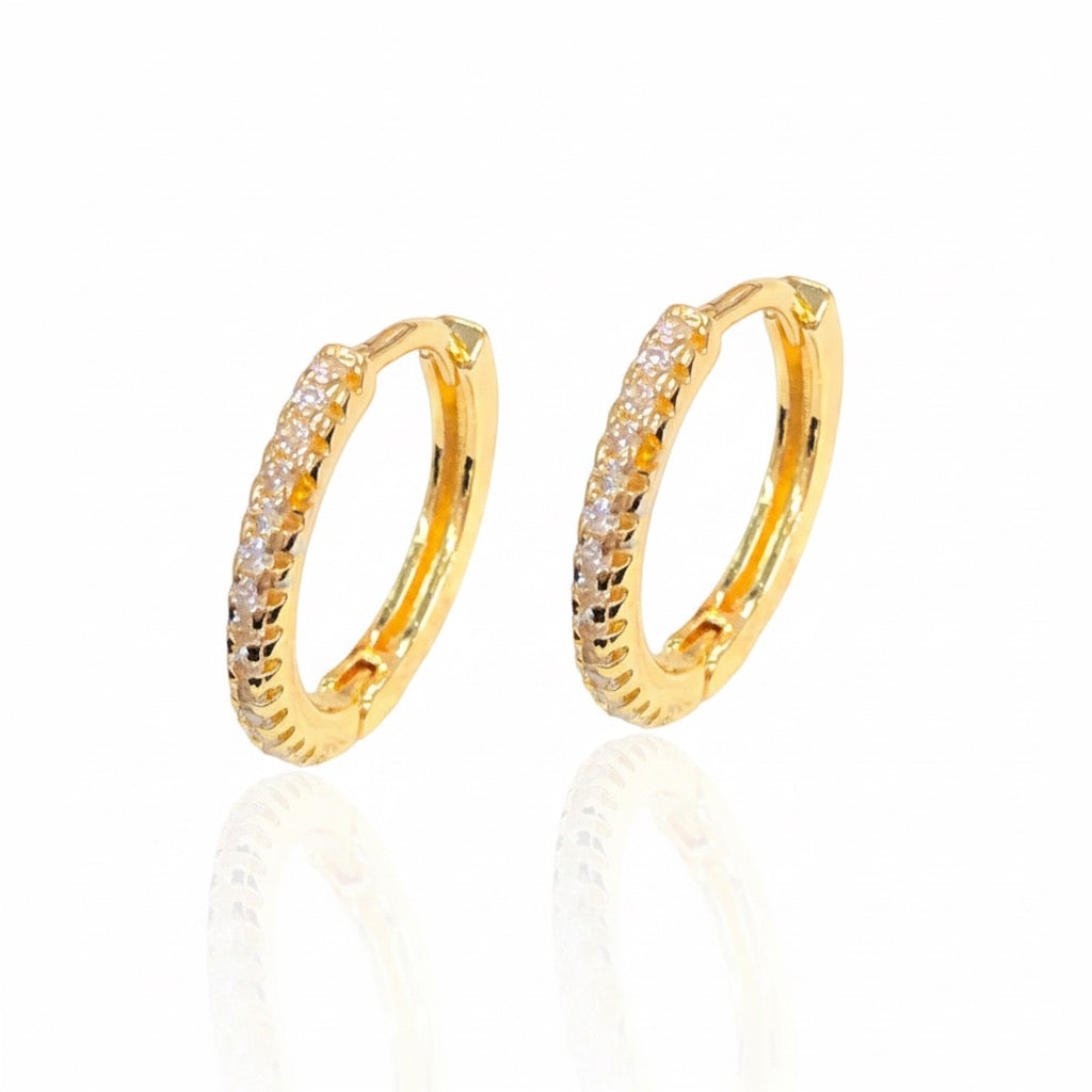 Gold hoop earrings with embedded stones on a white background