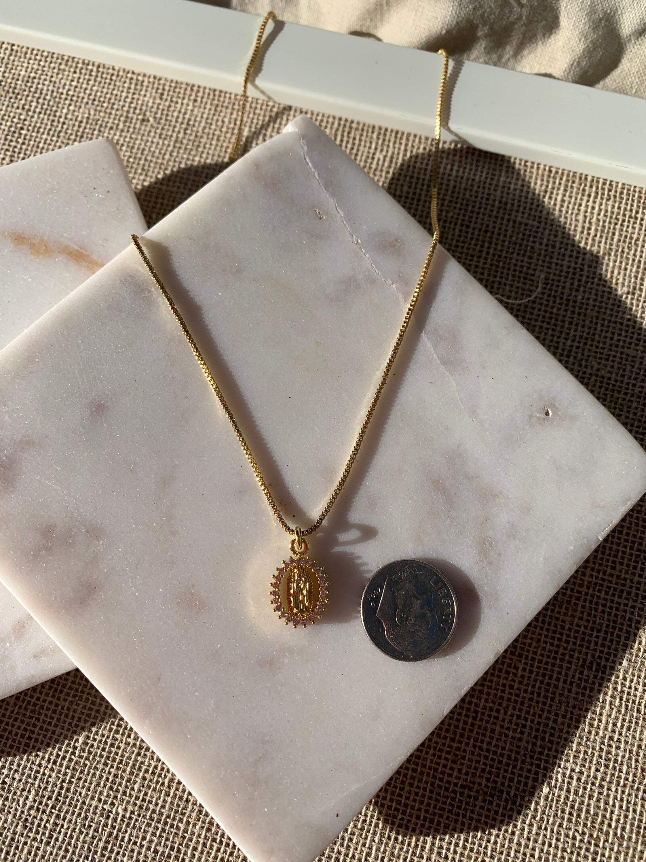 Dainty Virgin Mary Necklace: Gold Filled Chain, Gold Plated Pendant