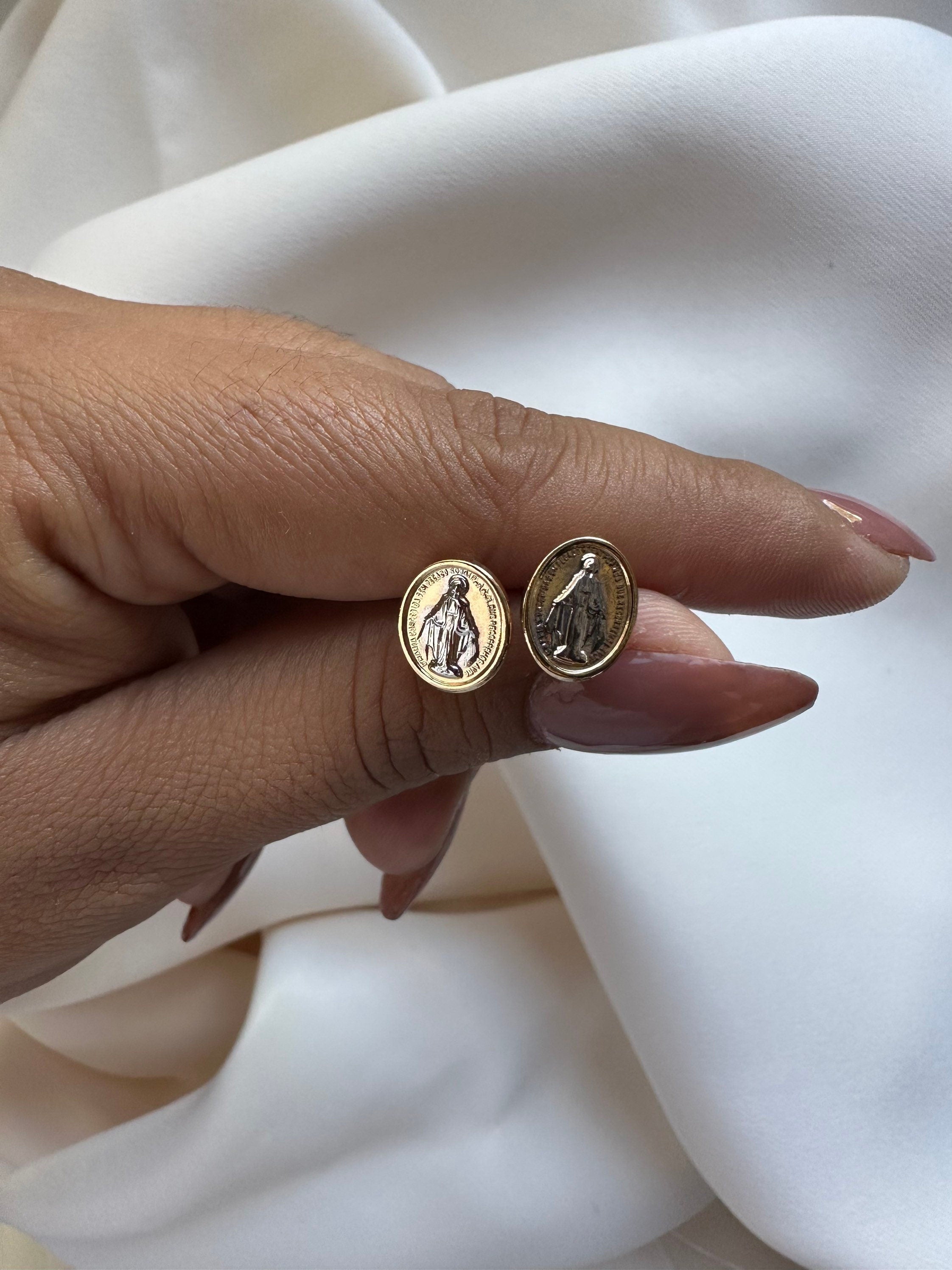 Two-Tone Miraculous Medal Stud Earrings: Virgin Mary, Gold Filled