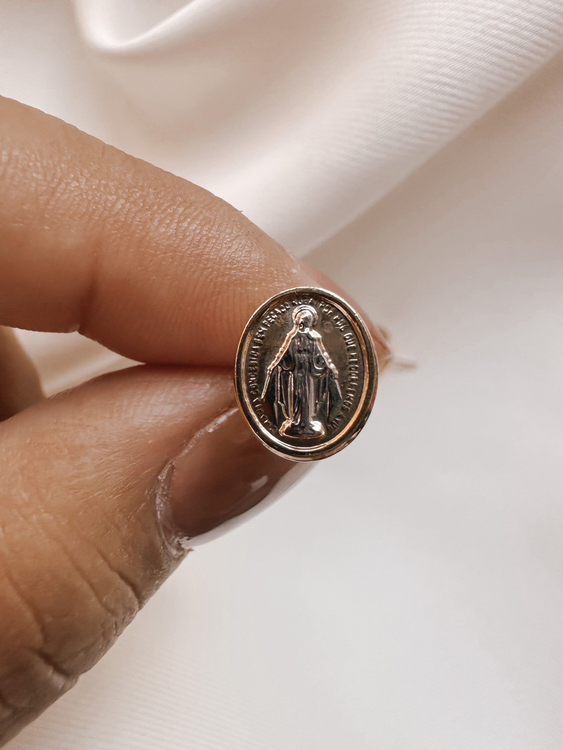 Two-Tone Miraculous Medal Stud Earrings: Virgin Mary, Gold Filled