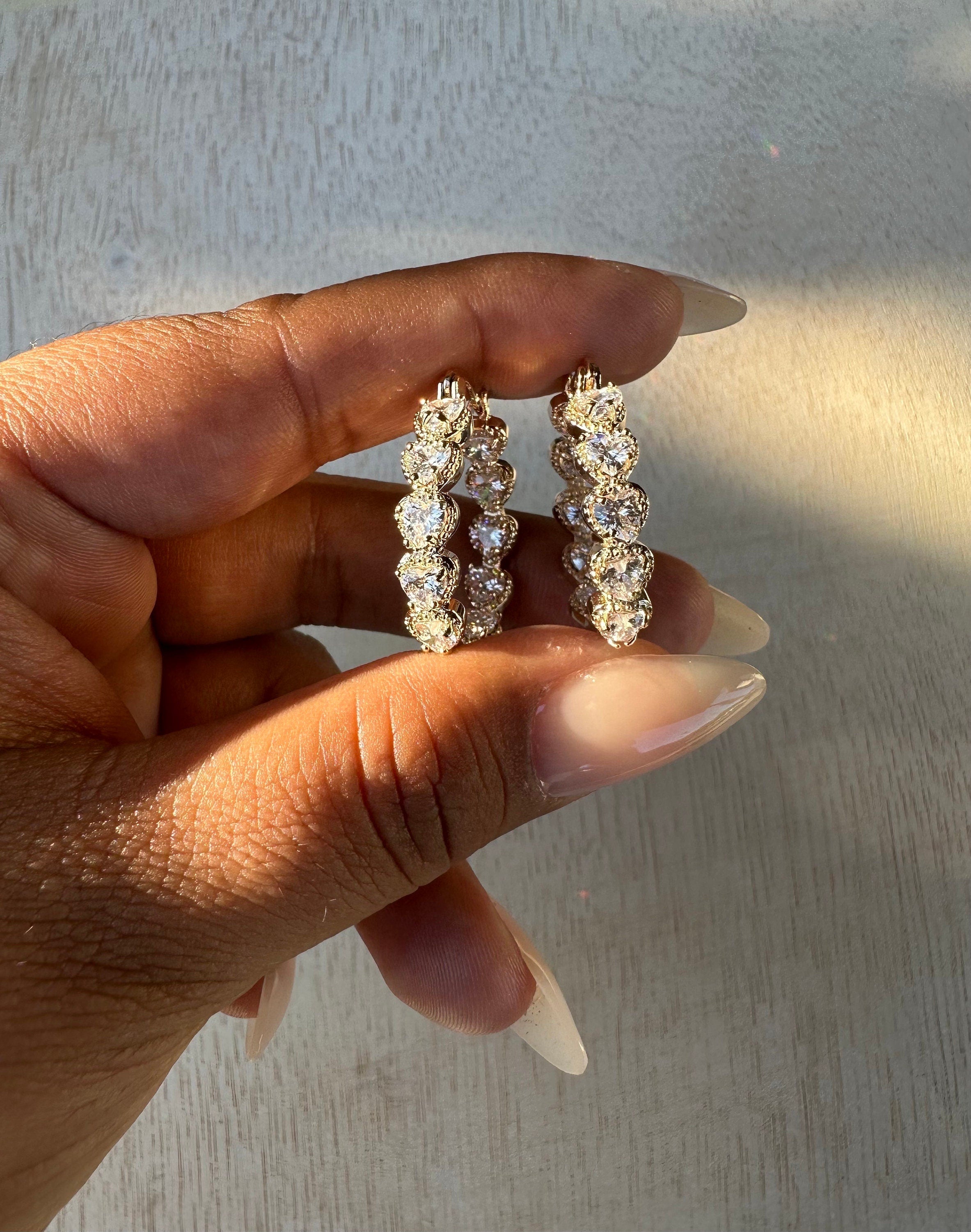 Gold Filled Heart Hoop Earrings: Cubic Zirconia Bridal Jewelry