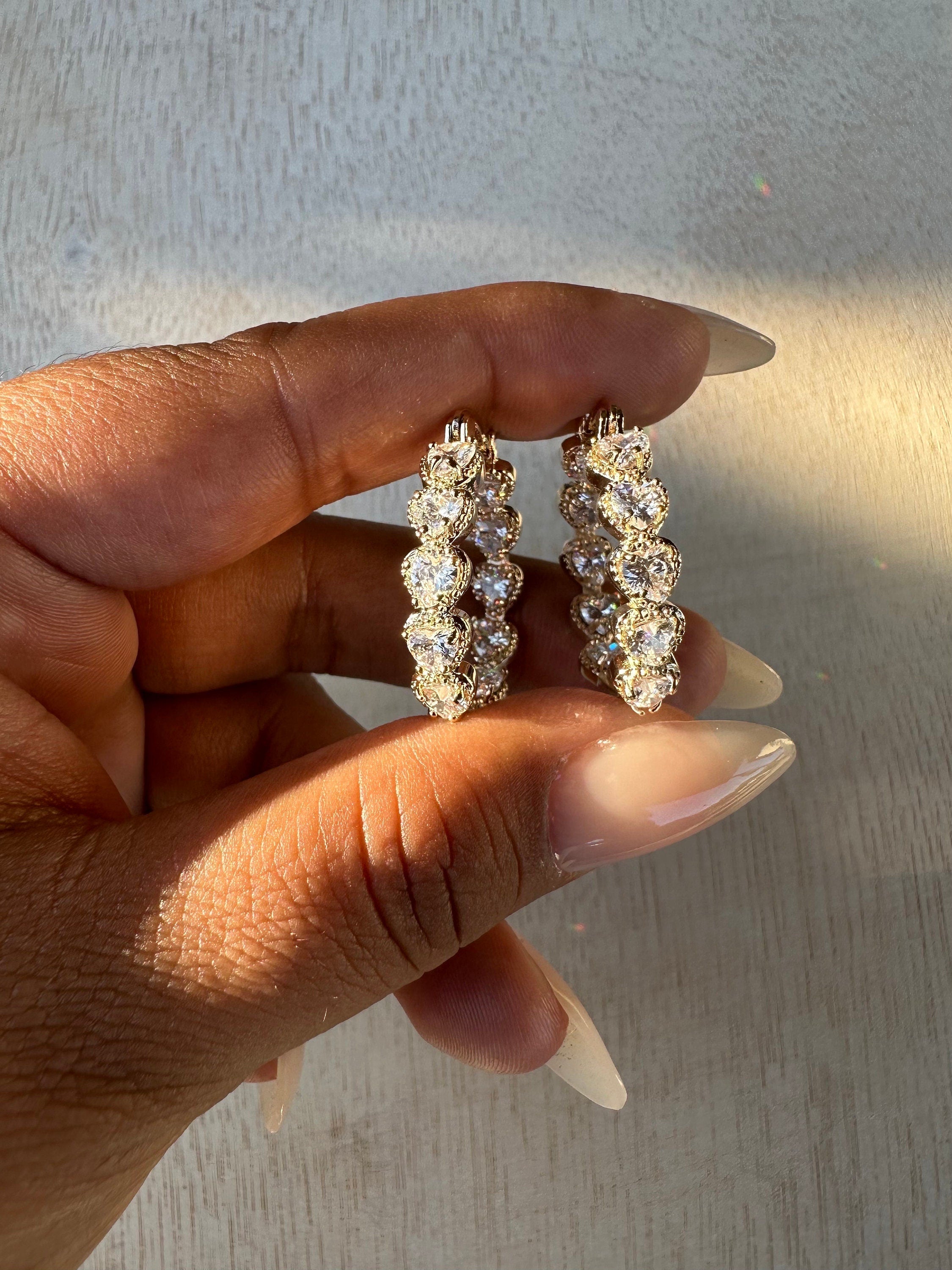 Gold Filled Heart Hoop Earrings: Cubic Zirconia Bridal Jewelry