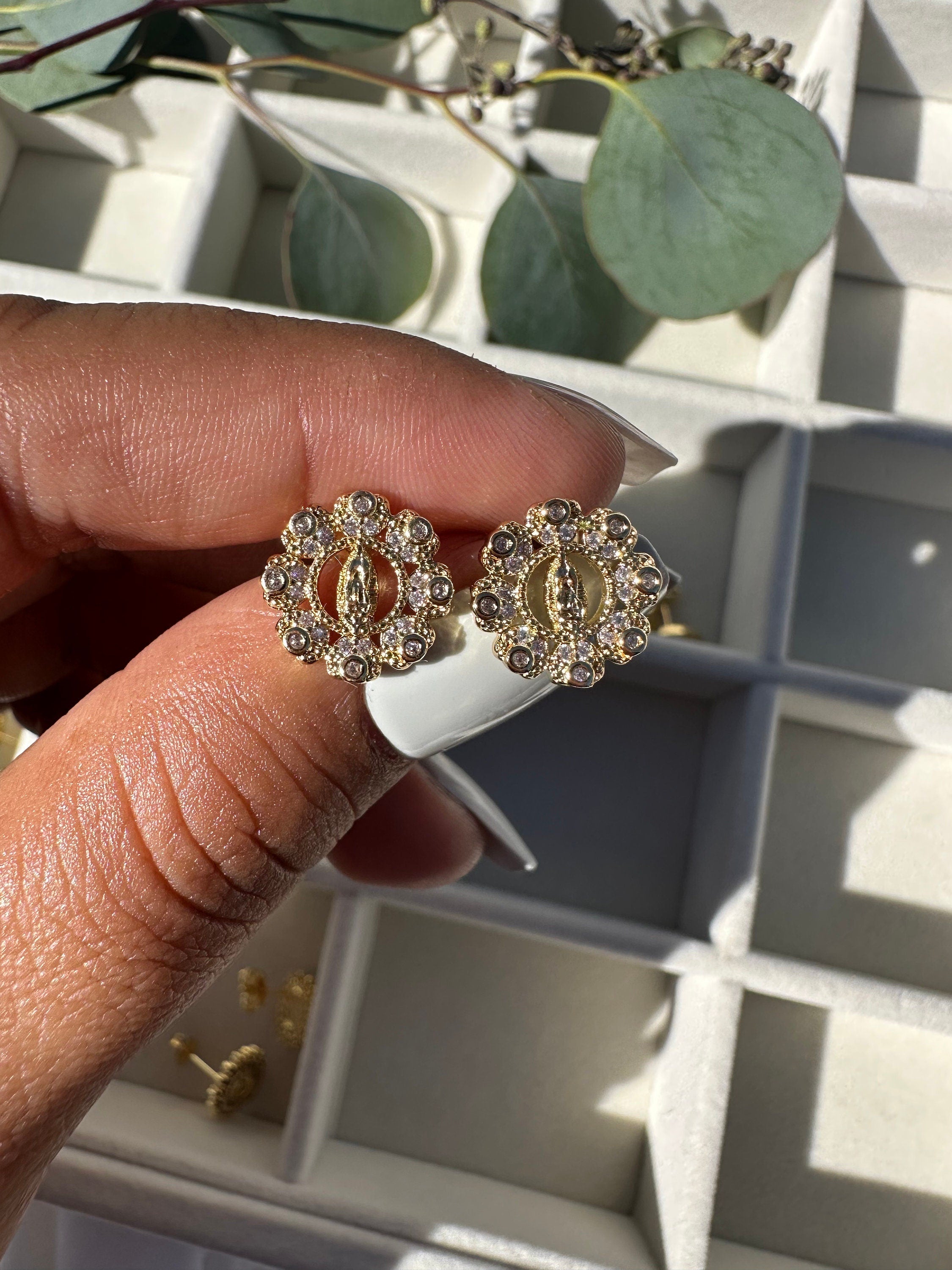 Gold Plated Virgin Mary Stud Earrings, Flowery Design