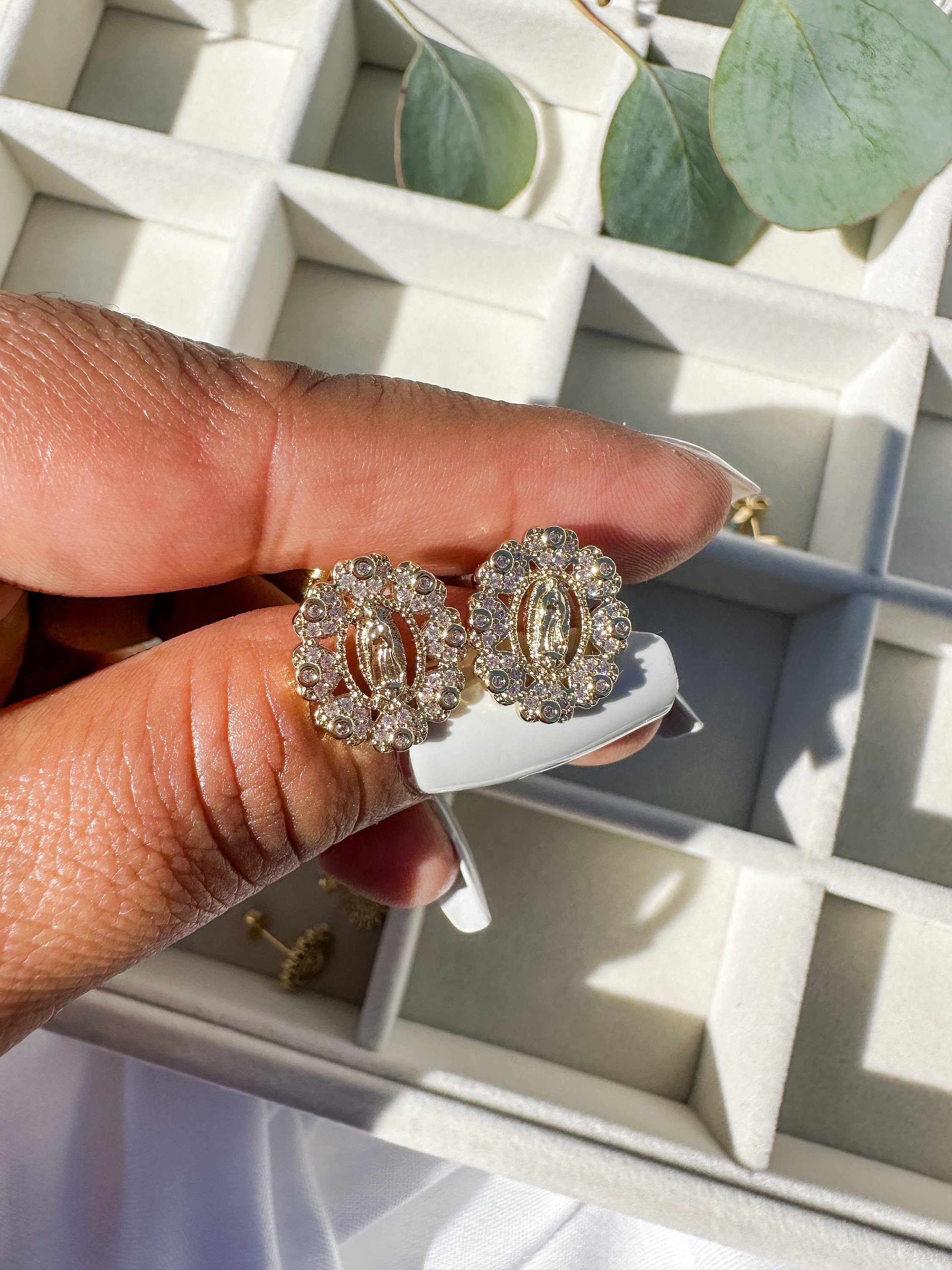 Oval Virgin Mary Gold Plated Stud Earrings, Flowery Design