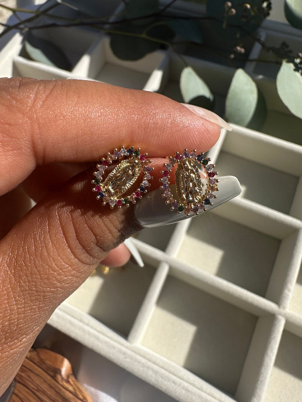 Virgin Mary Gold Plated Stud Earrings with Colorful CZ