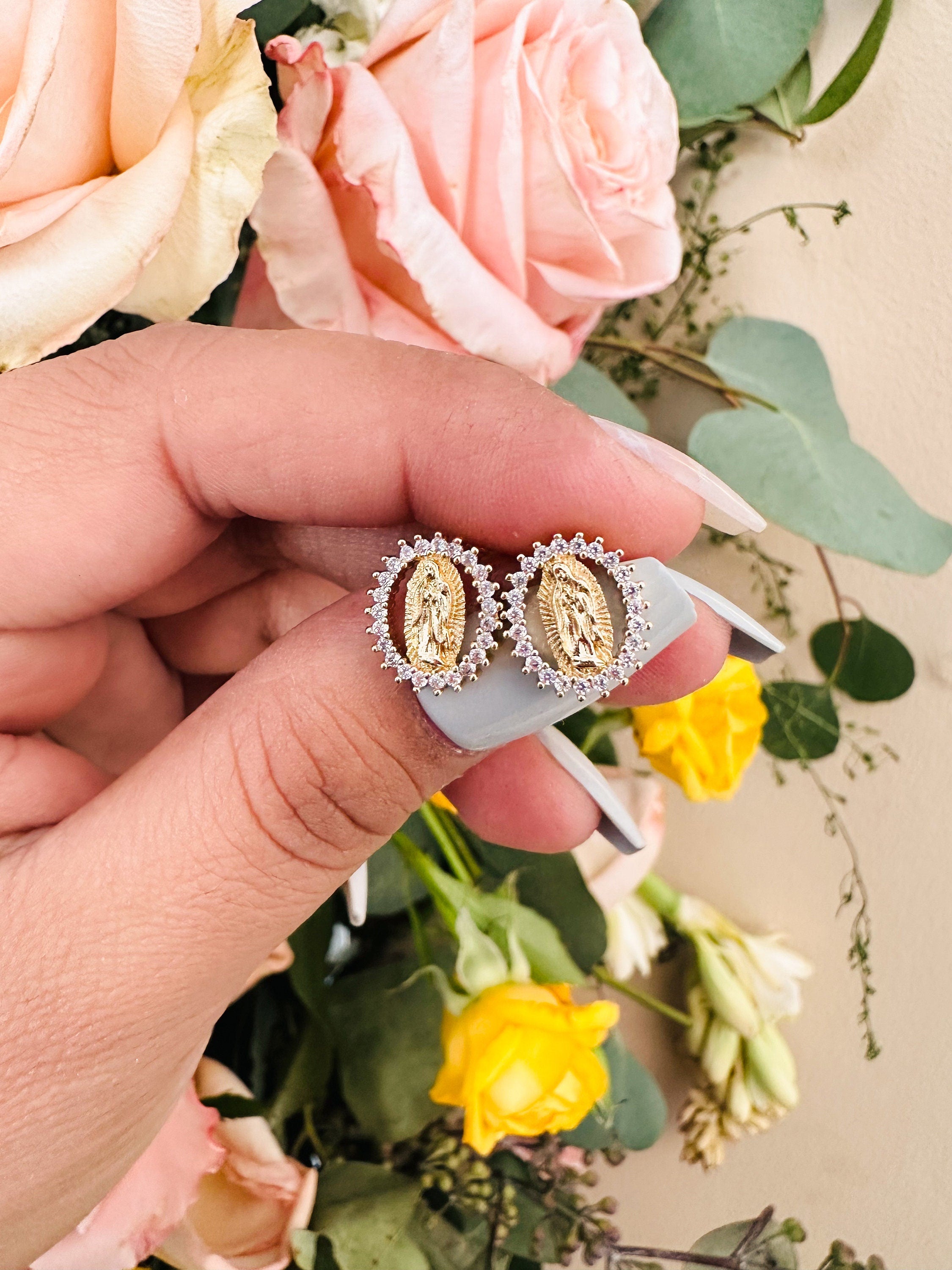 Virgin Mary Stud Earrings, Gold Plated Religious Jewelry