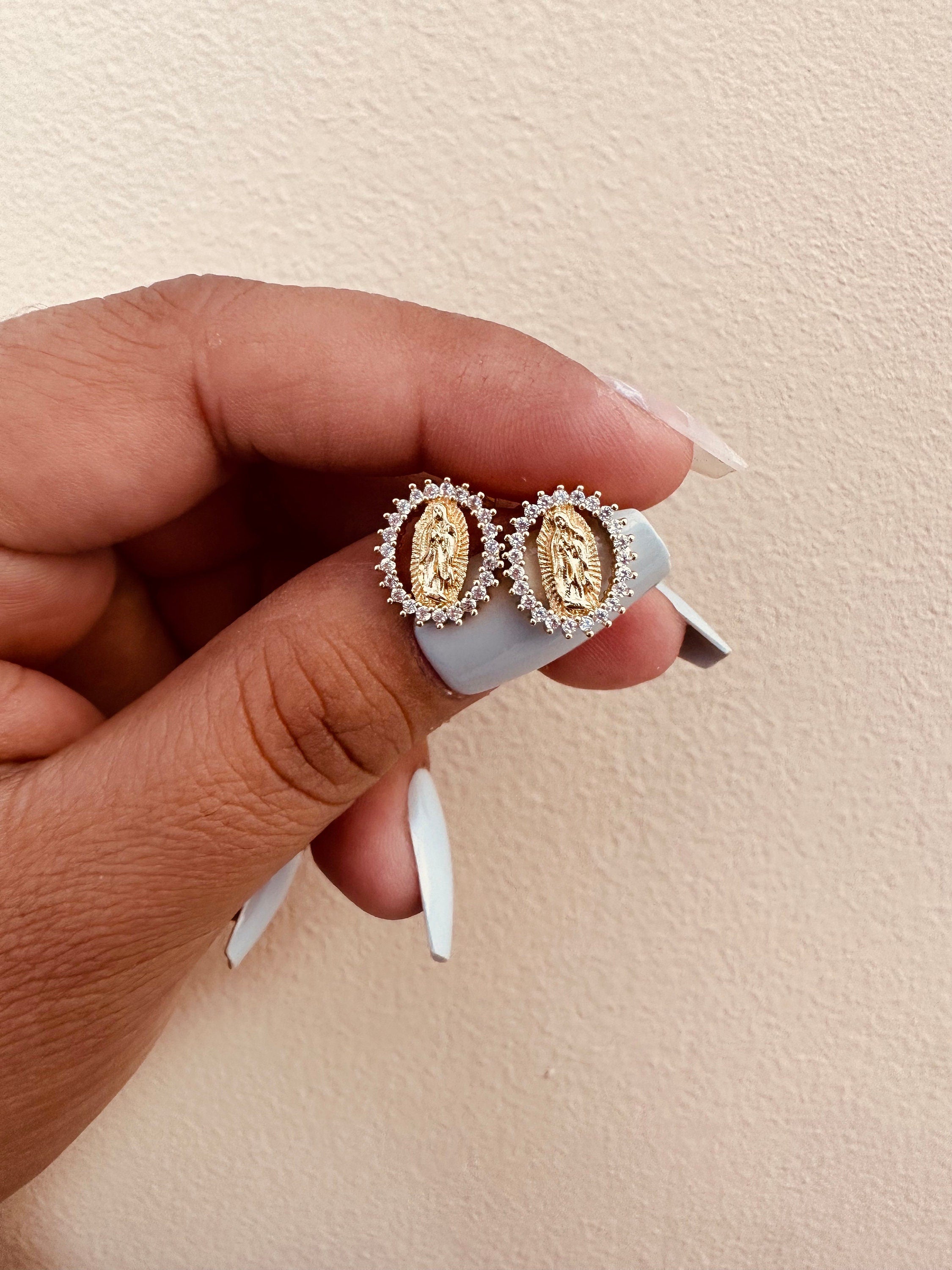 Virgin Mary Stud Earrings, Gold Plated Religious Jewelry