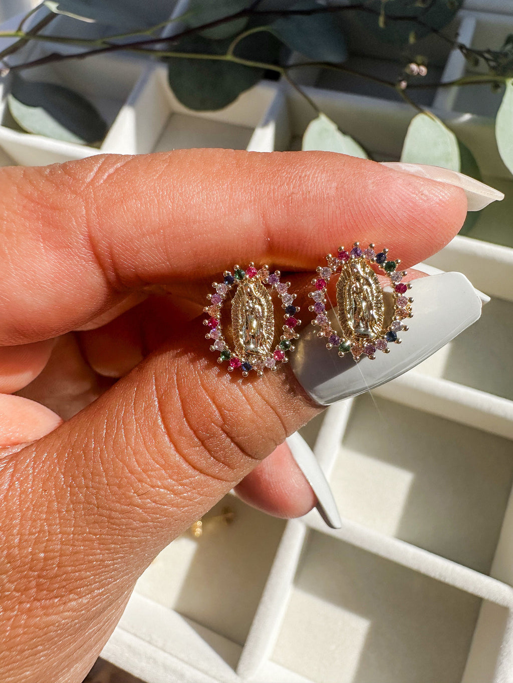 Virgin Mary Gold Plated Stud Earrings with Colorful CZ