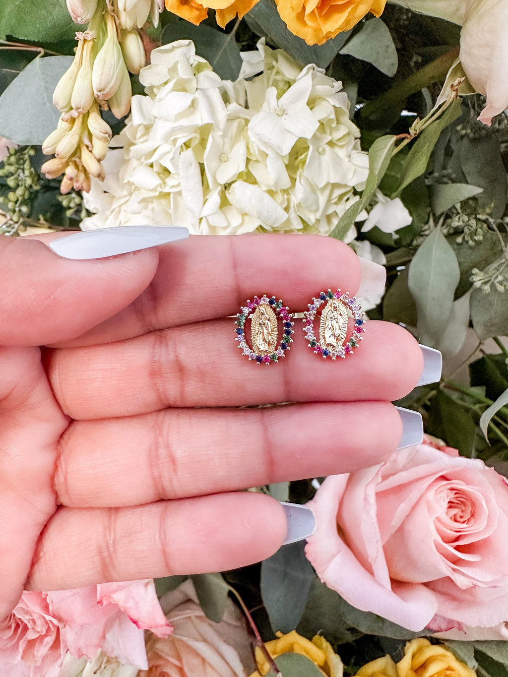 Virgin Mary Gold Plated Stud Earrings with Colorful CZ