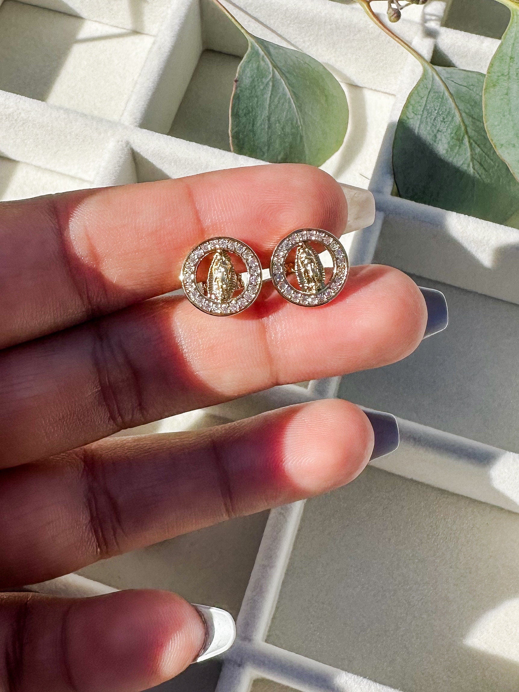 Round Virgin Mary Gold Plated Stud Earrings