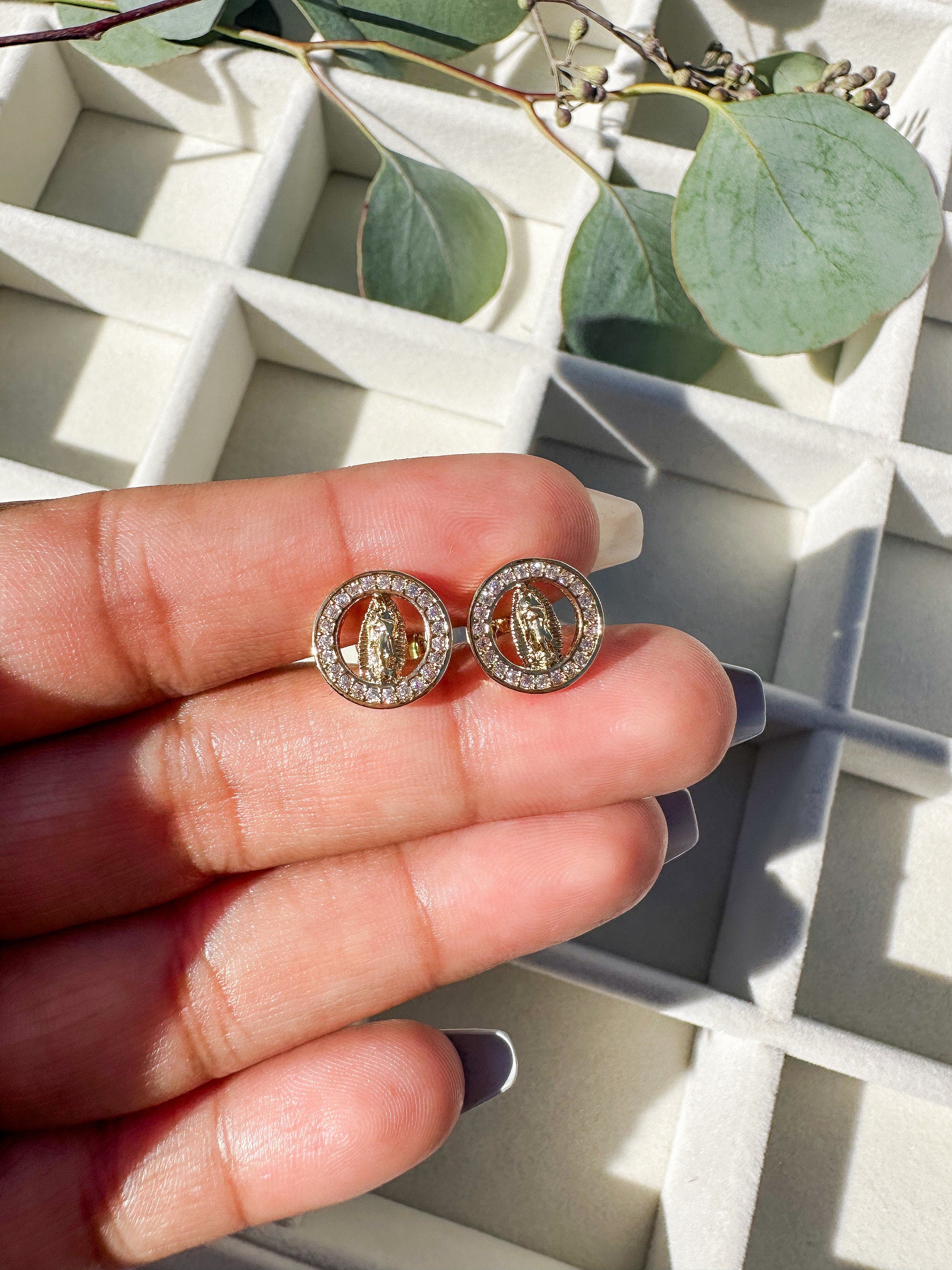 Round Virgin Mary Gold Plated Stud Earrings