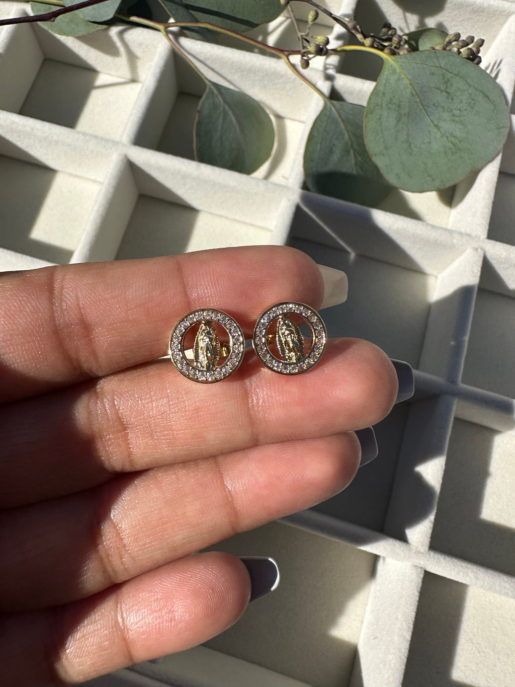 Round Virgin Mary Gold Plated Stud Earrings