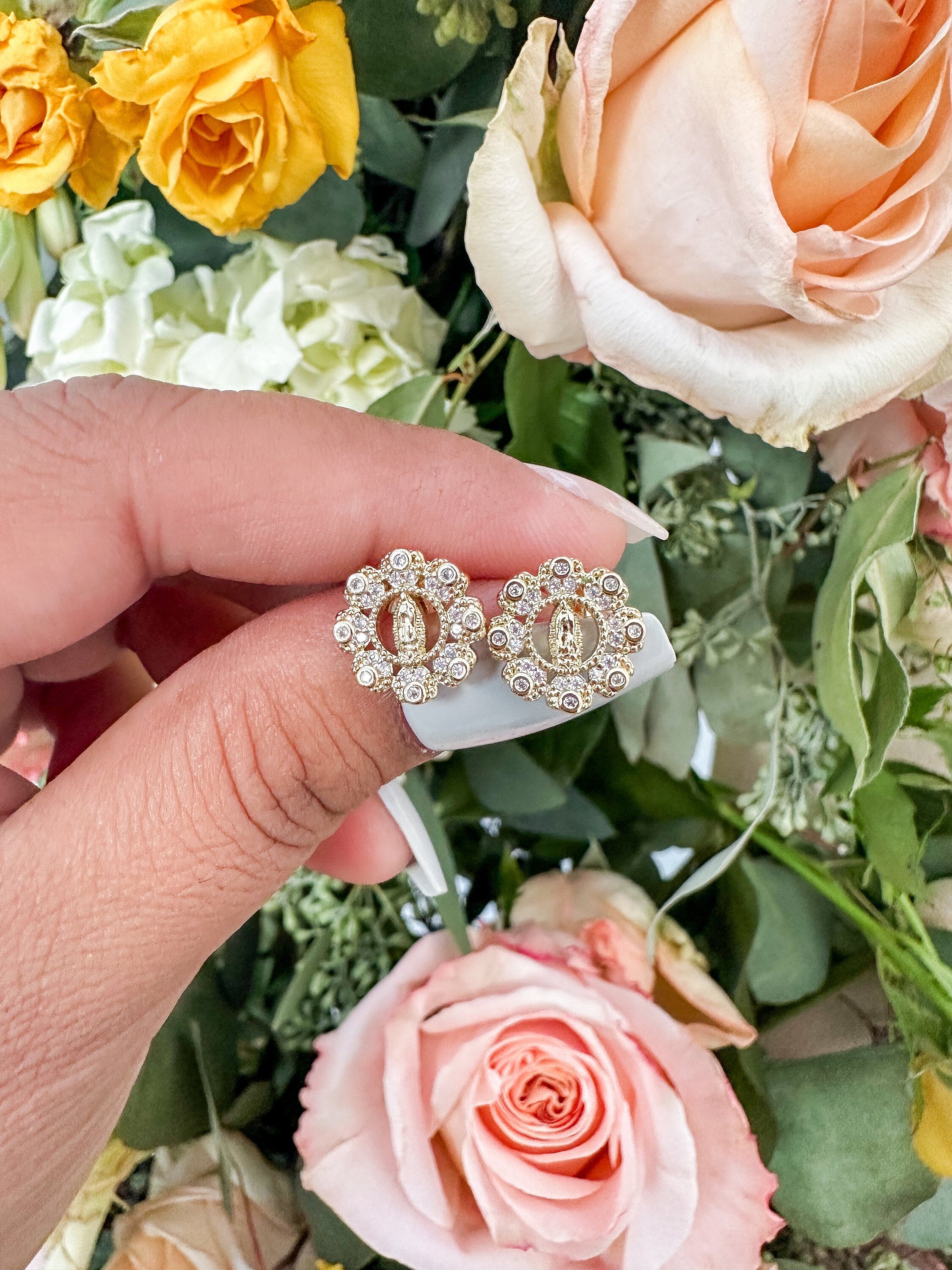 Gold Plated Virgin Mary Stud Earrings, Flowery Design