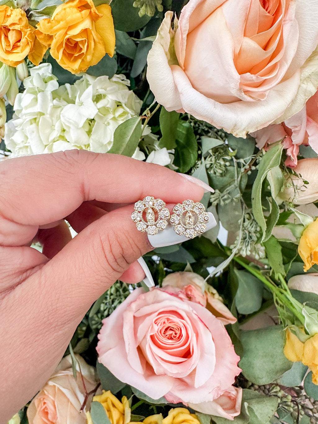 Gold Plated Virgin Mary Stud Earrings, Flowery Design