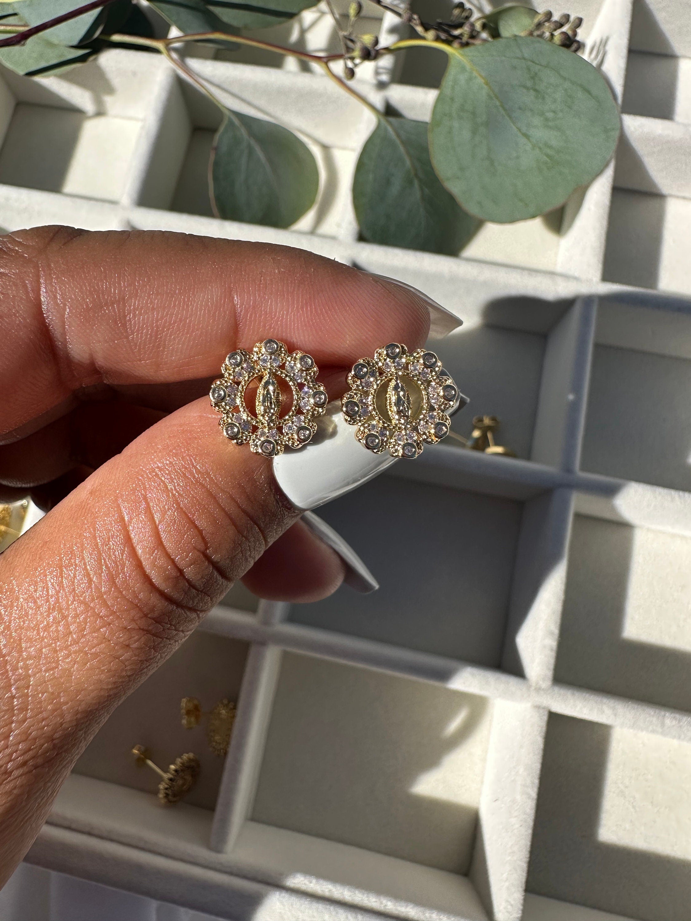 Gold Plated Virgin Mary Stud Earrings, Flowery Design