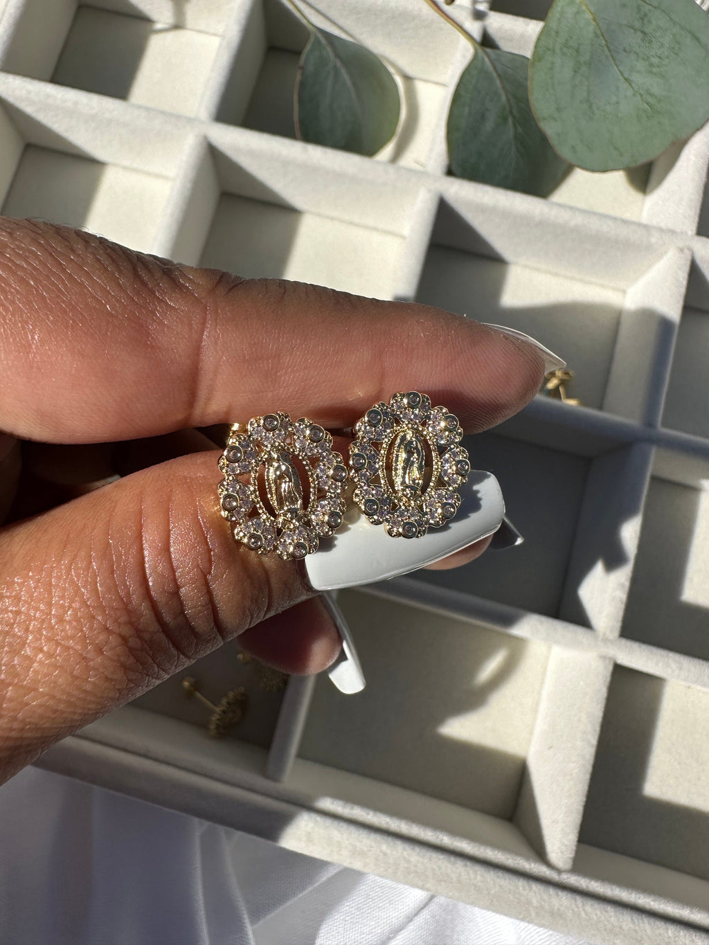 Oval Virgin Mary Gold Plated Stud Earrings, Flowery Design