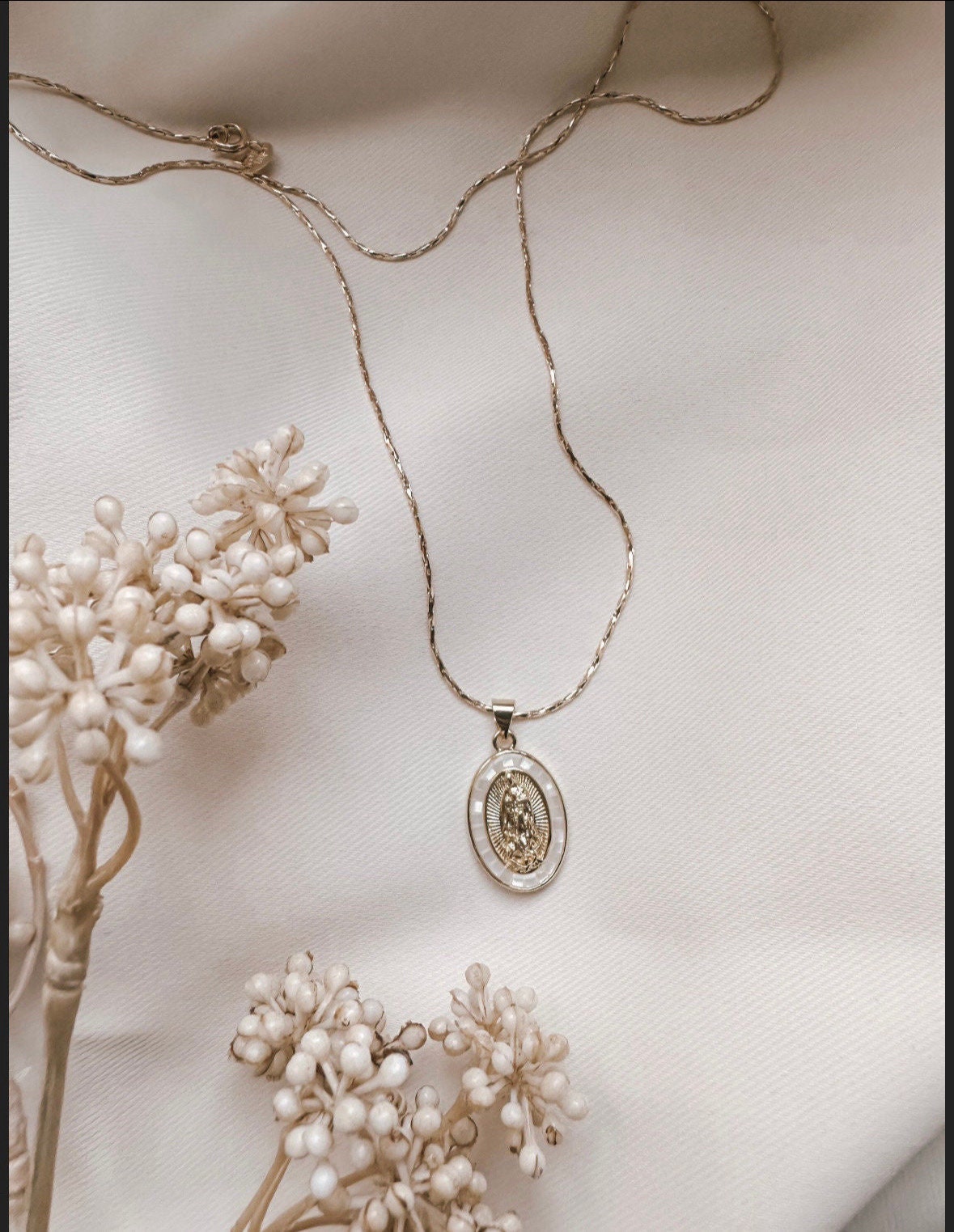 White Virgin Mary Necklace. Gold plated  Virgin Mary necklace gold filled chain cadena de virgencita blanca