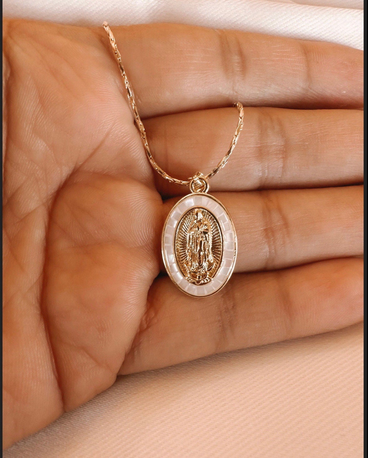 White Virgin Mary Necklace. Gold plated  Virgin Mary necklace gold filled chain cadena de virgencita blanca