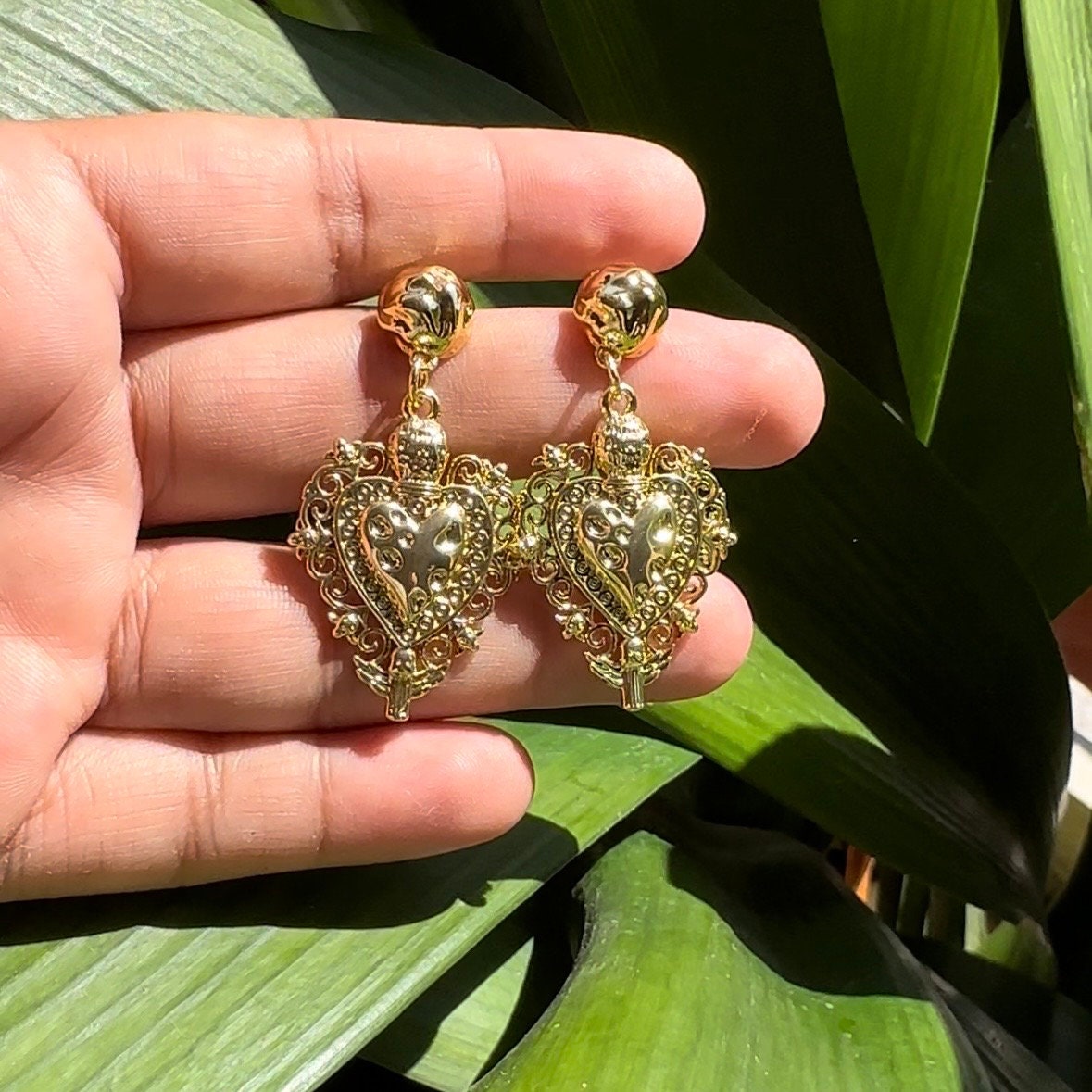 Handmade 18k Gold Plated Sacred Heart Earrings