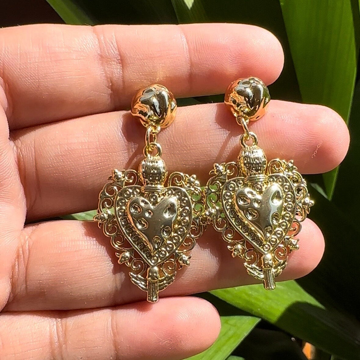 Handmade 18k Gold Plated Sacred Heart Earrings