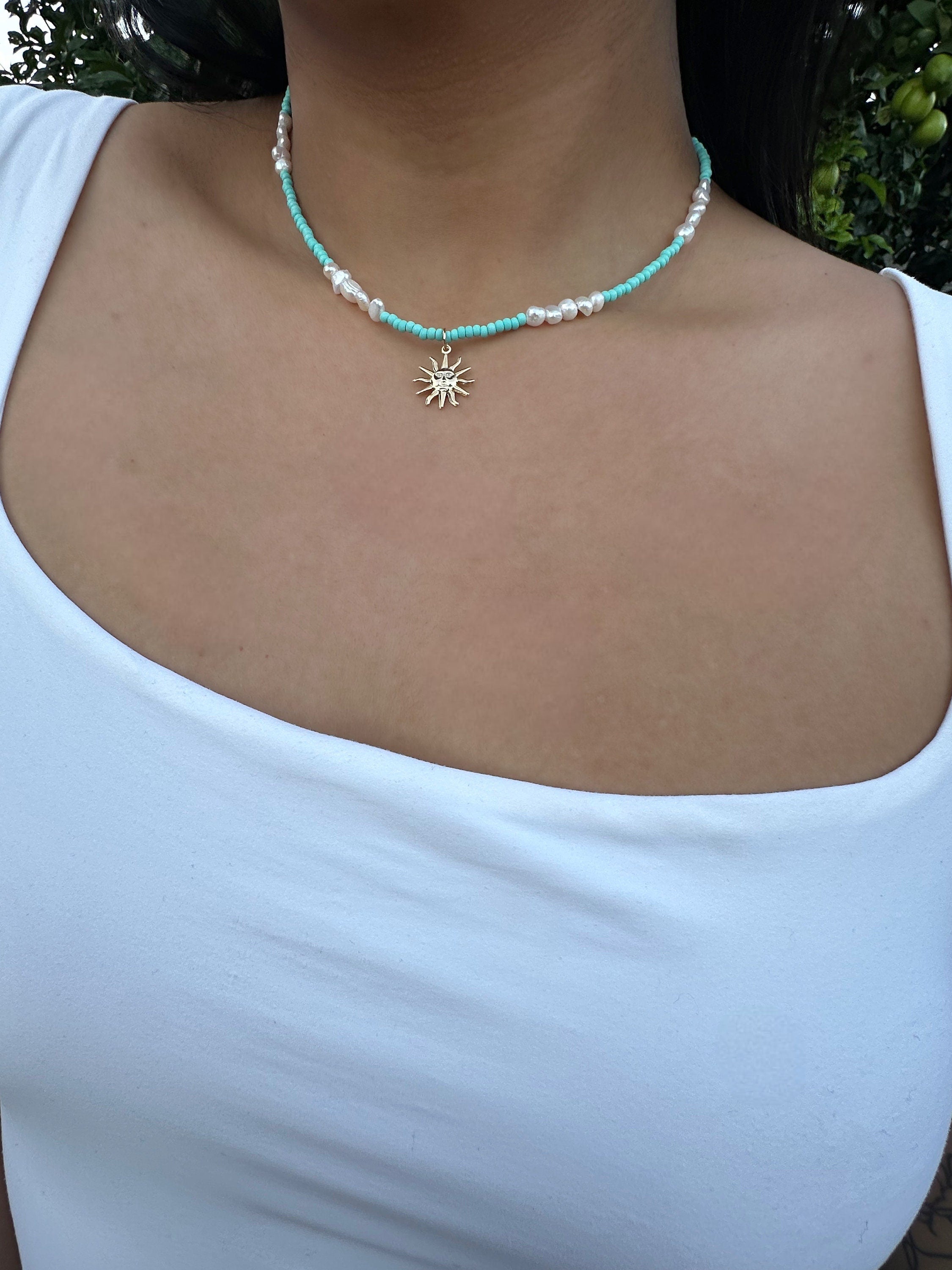 Turquoise Beaded Necklace: Freshwater Pearls, Summer Jewelry