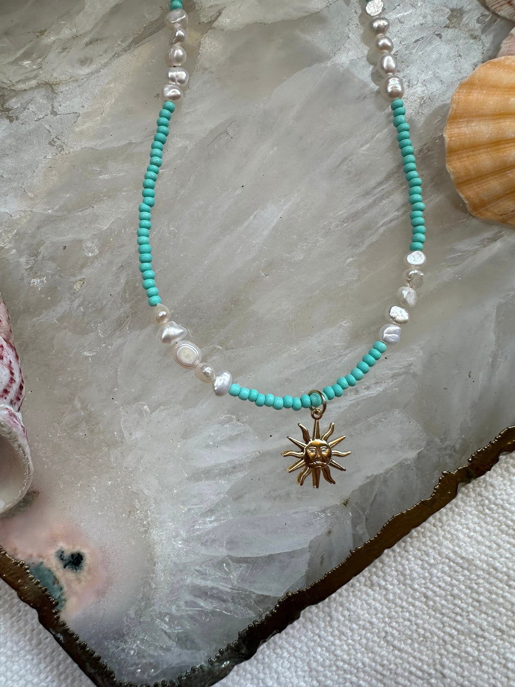Turquoise Beaded Necklace: Freshwater Pearls, Summer Jewelry