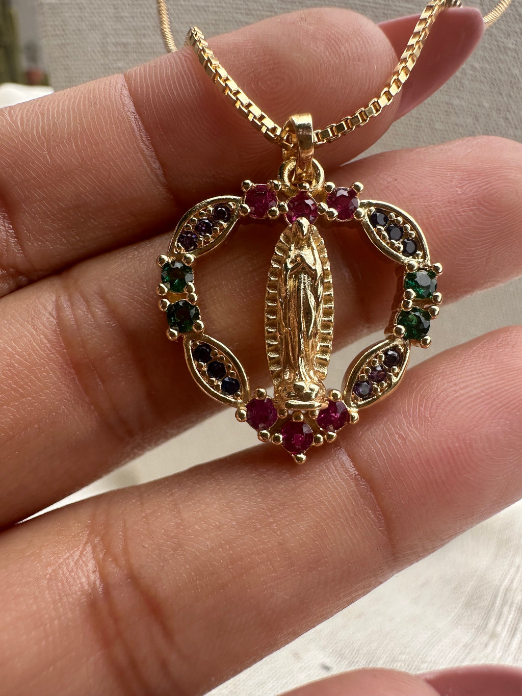 colorful heart shaped Virgin Mary necklace, collar de virgencita de Guadalupe/ 18k gold filled