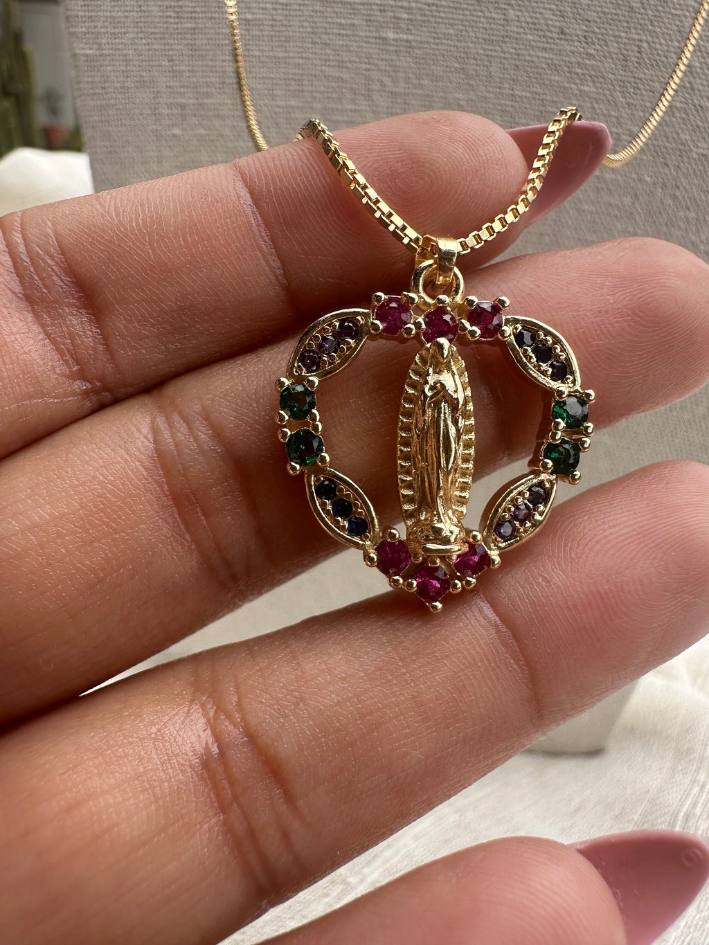 colorful heart shaped Virgin Mary necklace, collar de virgencita de Guadalupe/ 18k gold filled