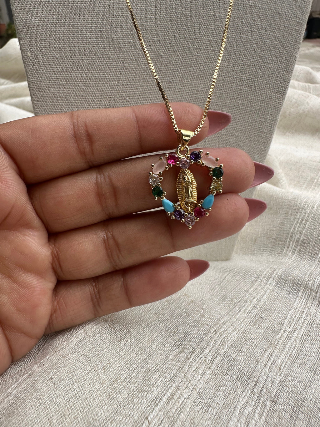 Vibrant Heart Virgin Mary Necklace: 18k Gold Filled Chain