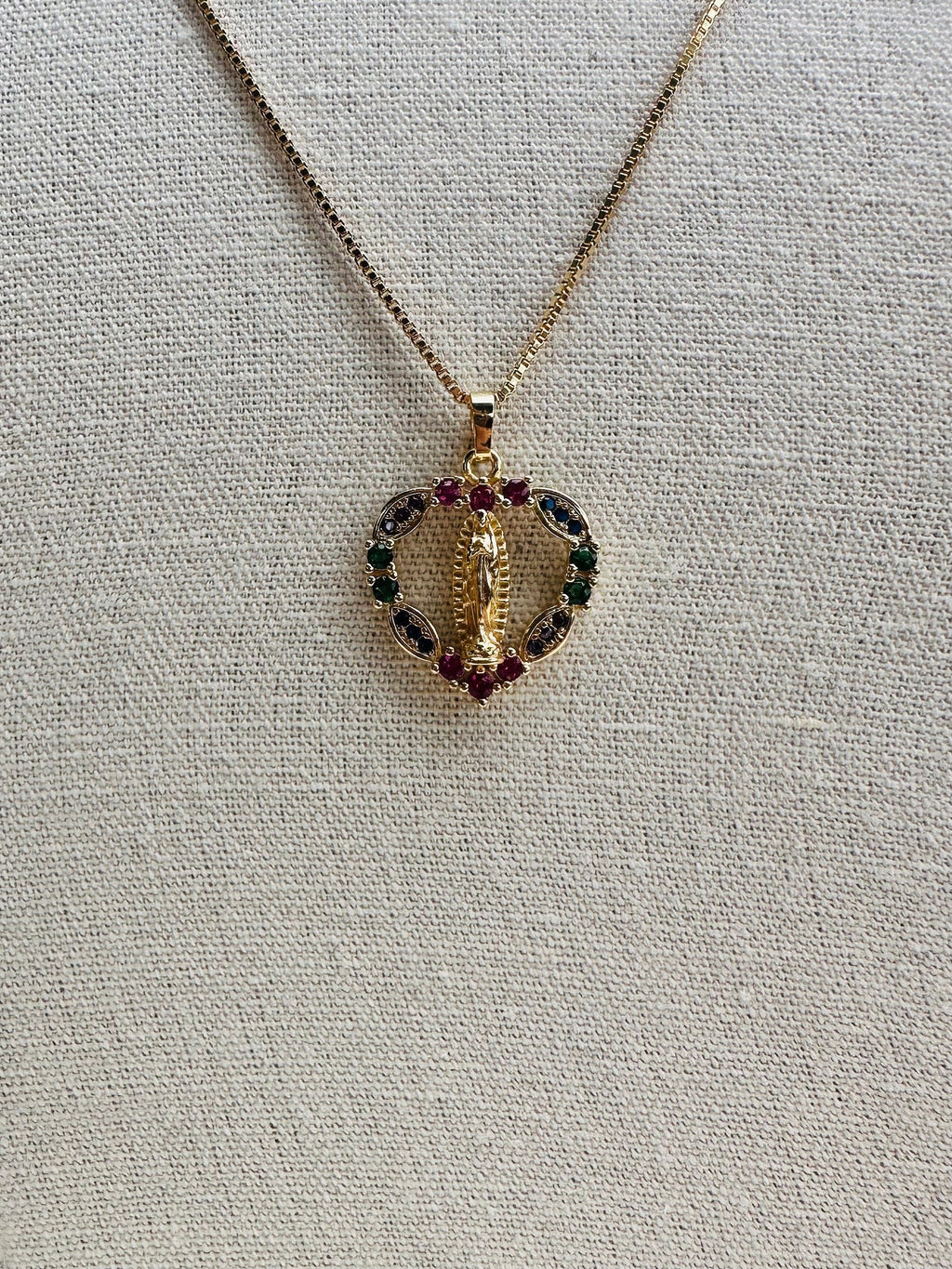 colorful heart shaped Virgin Mary necklace, collar de virgencita de Guadalupe/ 18k gold filled