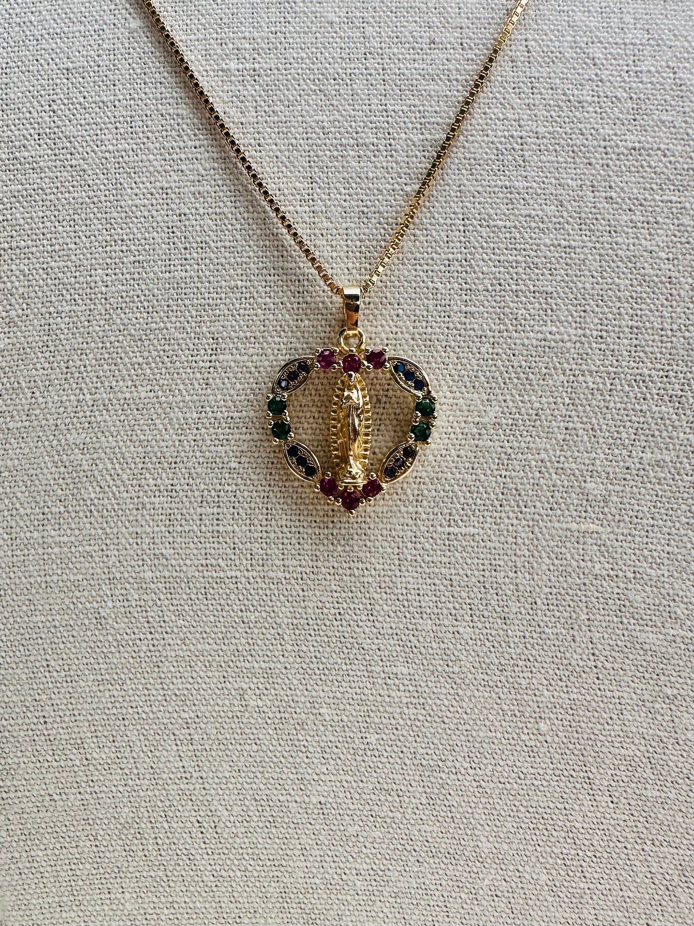 colorful heart shaped Virgin Mary necklace, collar de virgencita de Guadalupe/ 18k gold filled