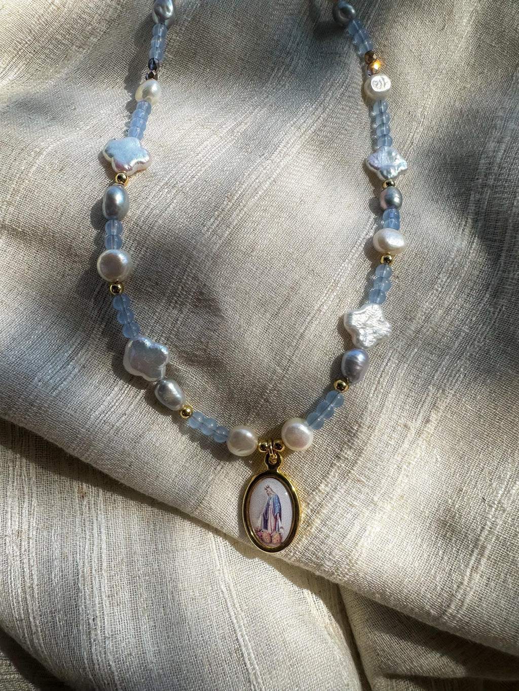 Our Lady of Grace Necklace: Light Blue Beads & Freshwater Pearls