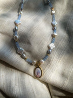 Our Lady of Grace Necklace: Light Blue Beads & Freshwater Pearls