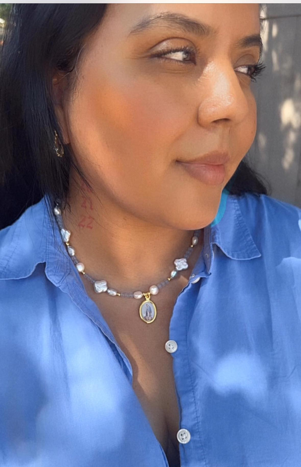 Our Lady of Grace Necklace: Light Blue Beads & Freshwater Pearls