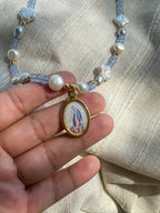 Our Lady of Grace Necklace: Light Blue Beads & Freshwater Pearls
