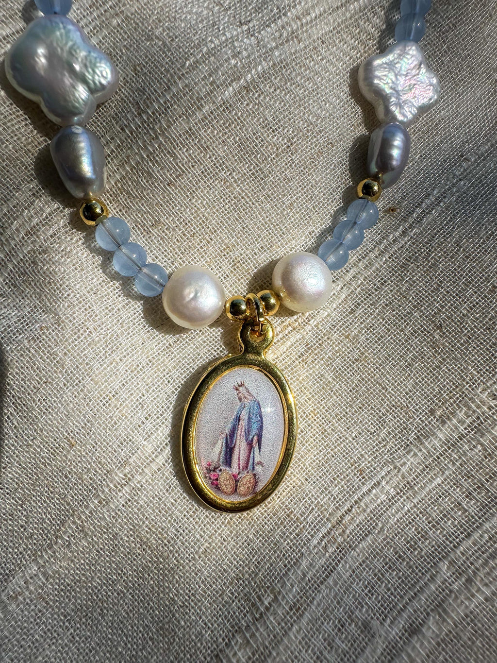 Our Lady of Grace Necklace: Light Blue Beads & Freshwater Pearls