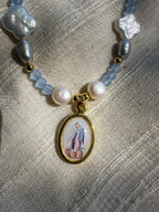 Our Lady of Grace Necklace: Light Blue Beads & Freshwater Pearls