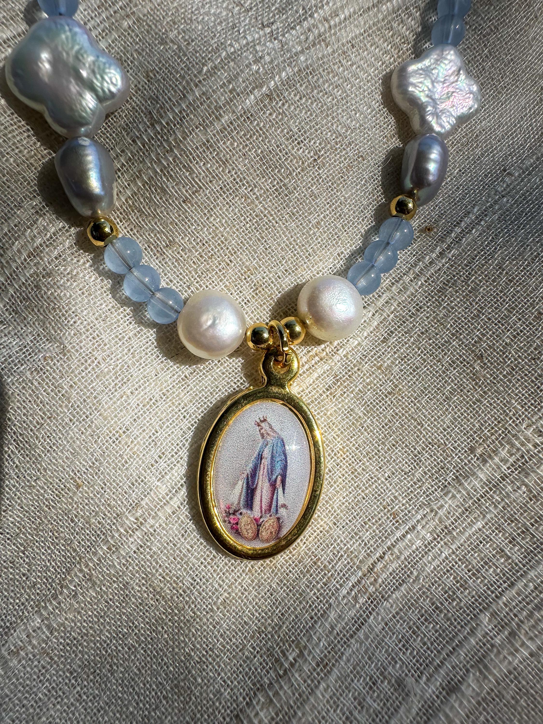 Our Lady of Grace Necklace: Light Blue Beads & Freshwater Pearls
