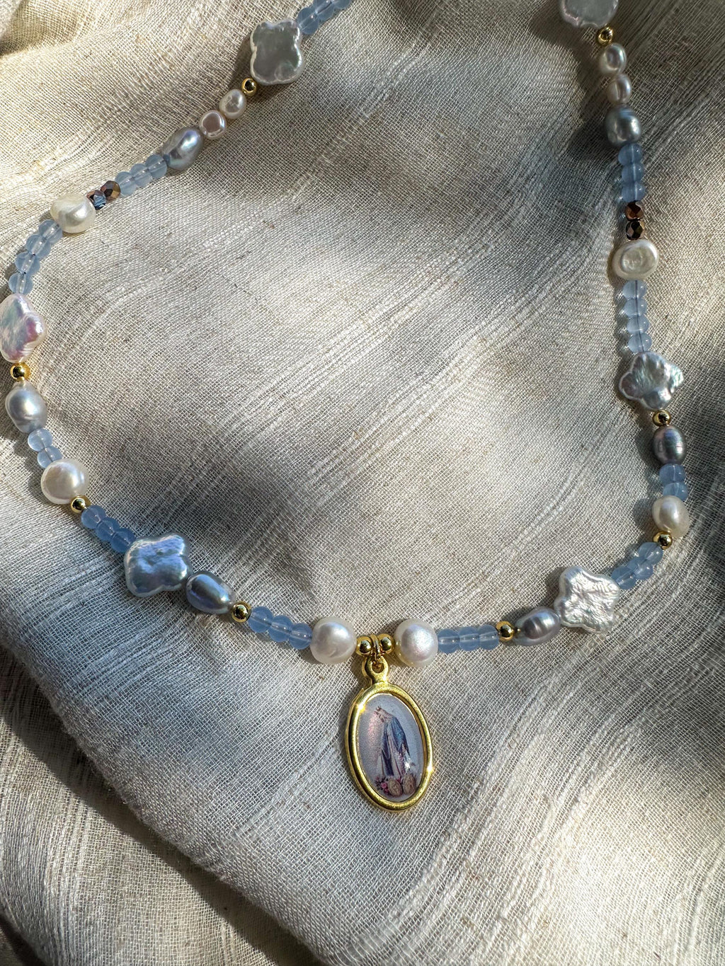Our Lady of Grace Necklace: Light Blue Beads & Freshwater Pearls