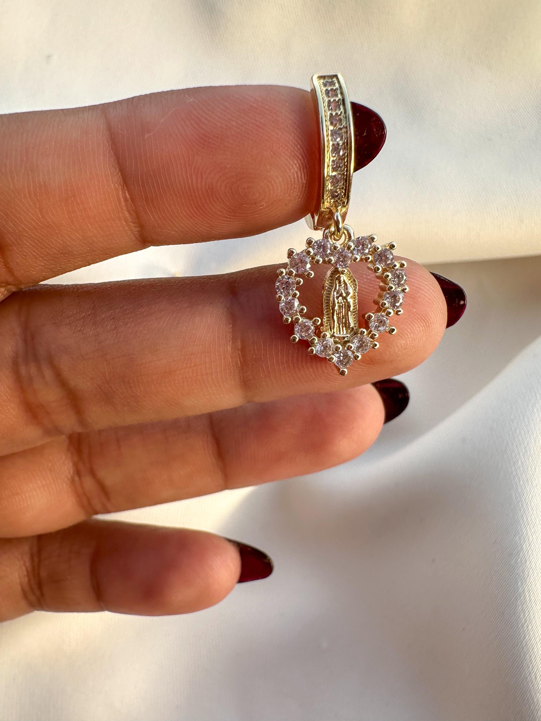 Virgin Mary Heart Hoop Earrings: Crystal Huggie Earrings