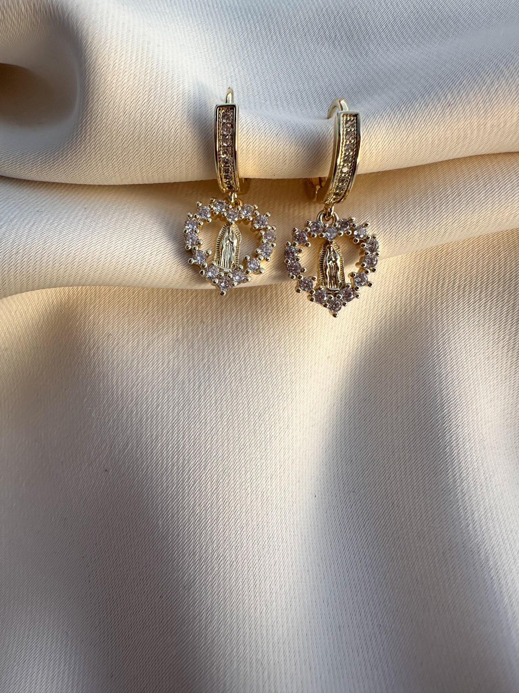 Virgin Mary Heart Hoop Earrings: Crystal Huggie Earrings