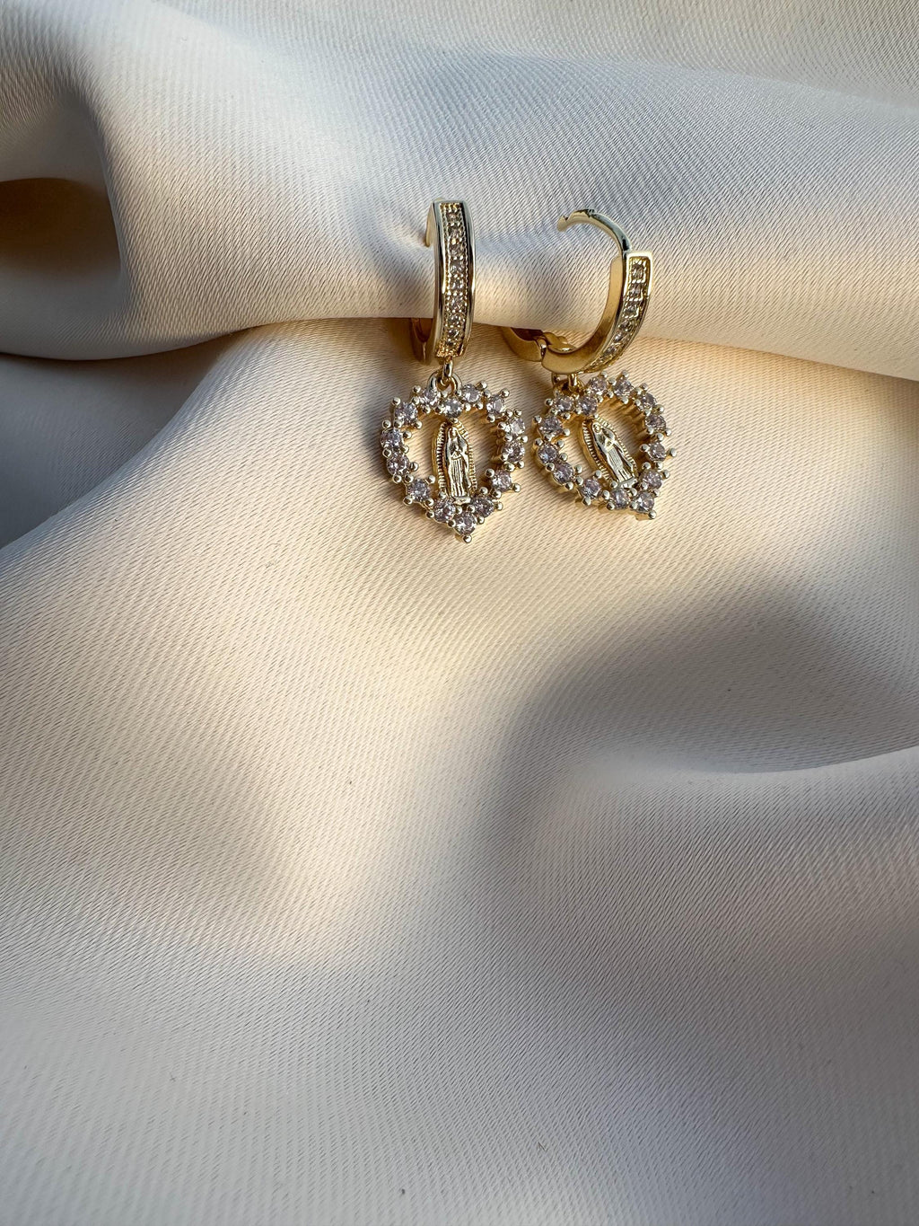 Virgin Mary Heart Hoop Earrings: Crystal Huggie Earrings