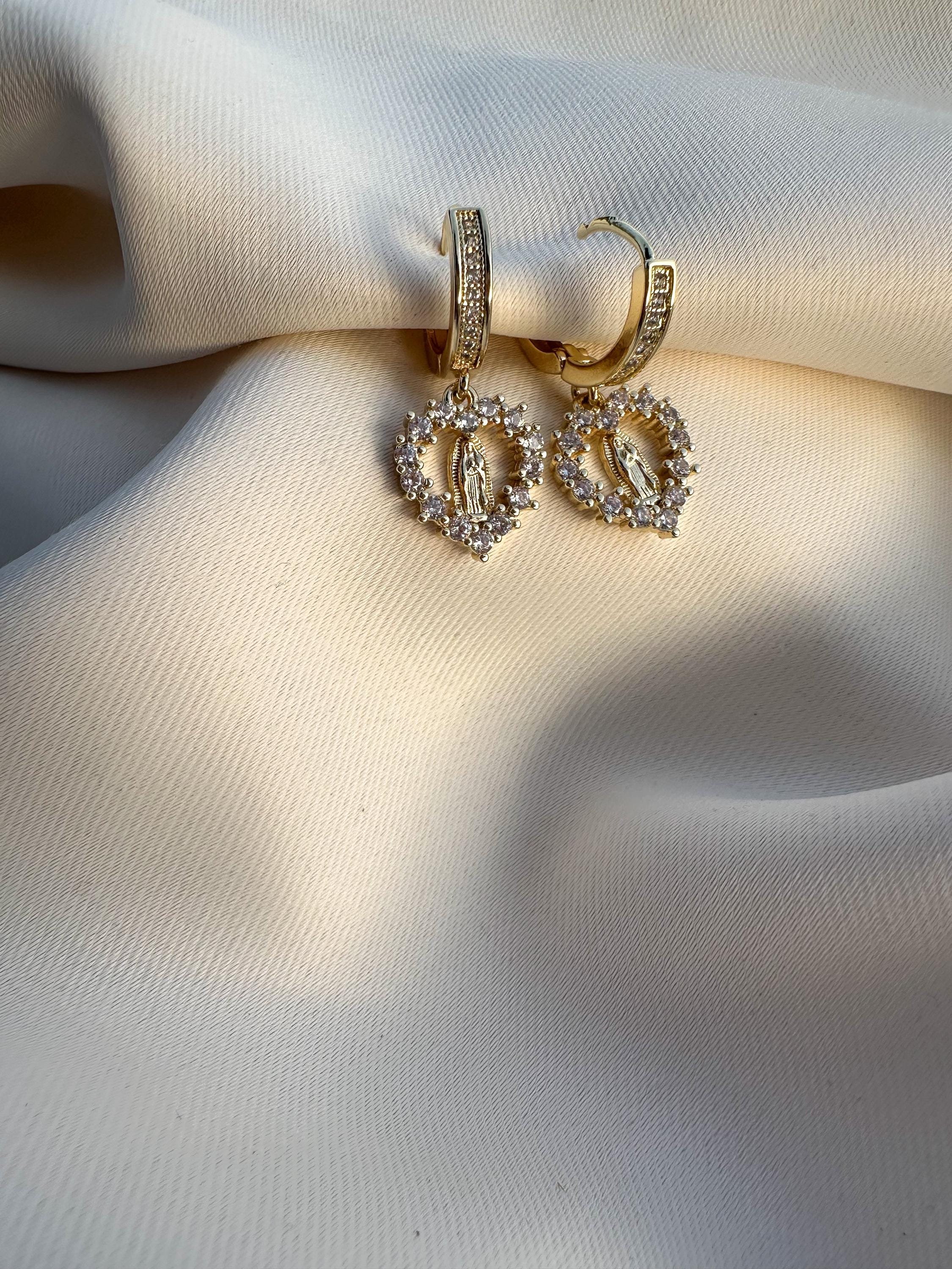 Virgin Mary Heart Hoop Earrings: Crystal Huggie Earrings