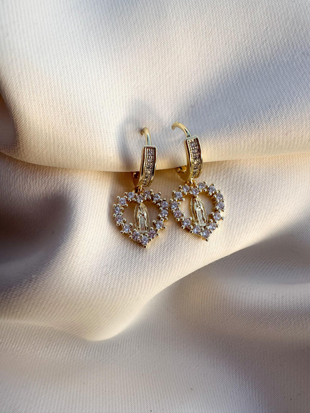 Virgin Mary Heart Hoop Earrings: Crystal Huggie Earrings