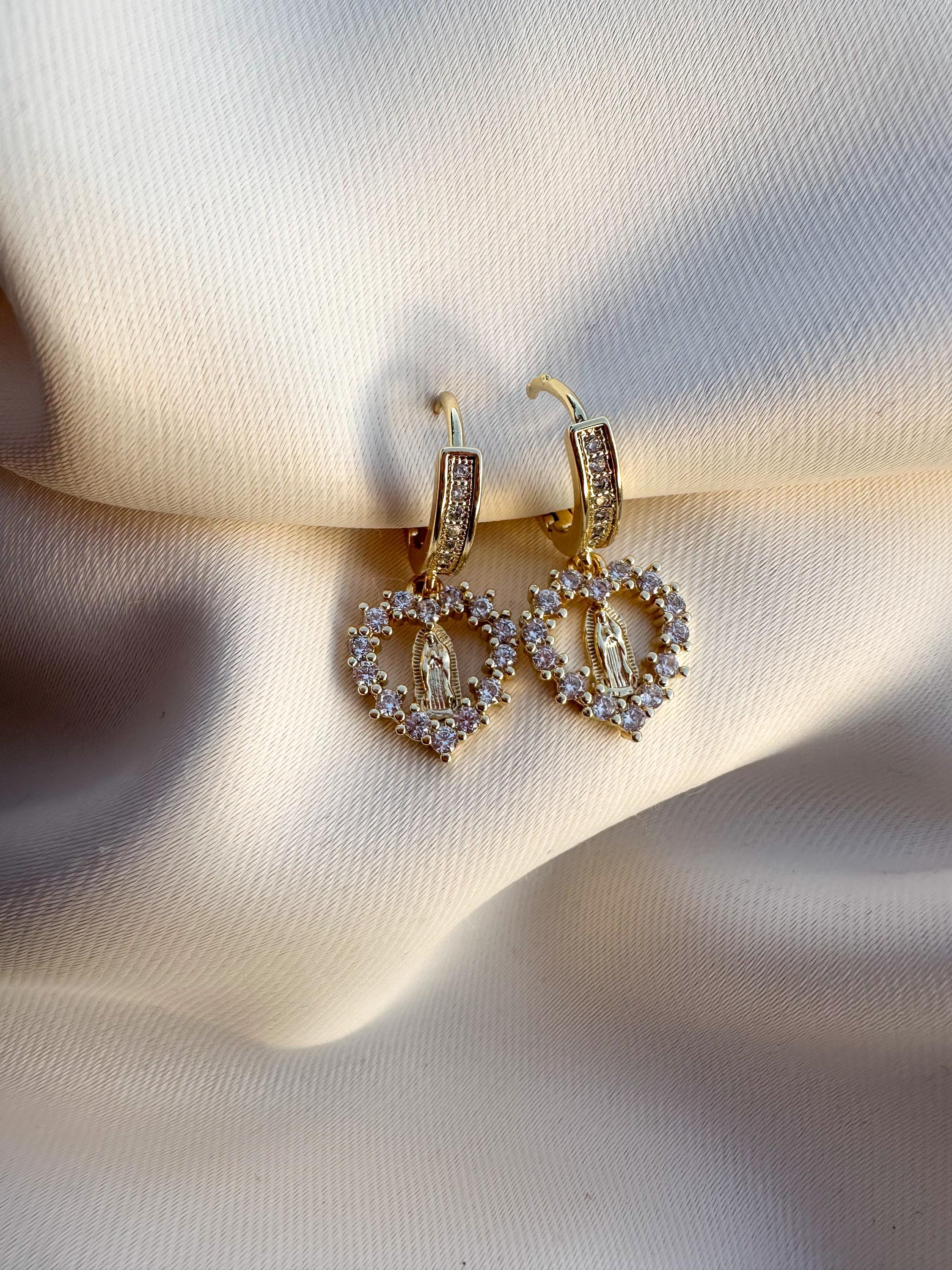 Virgin Mary Heart Hoop Earrings: Crystal Huggie Earrings