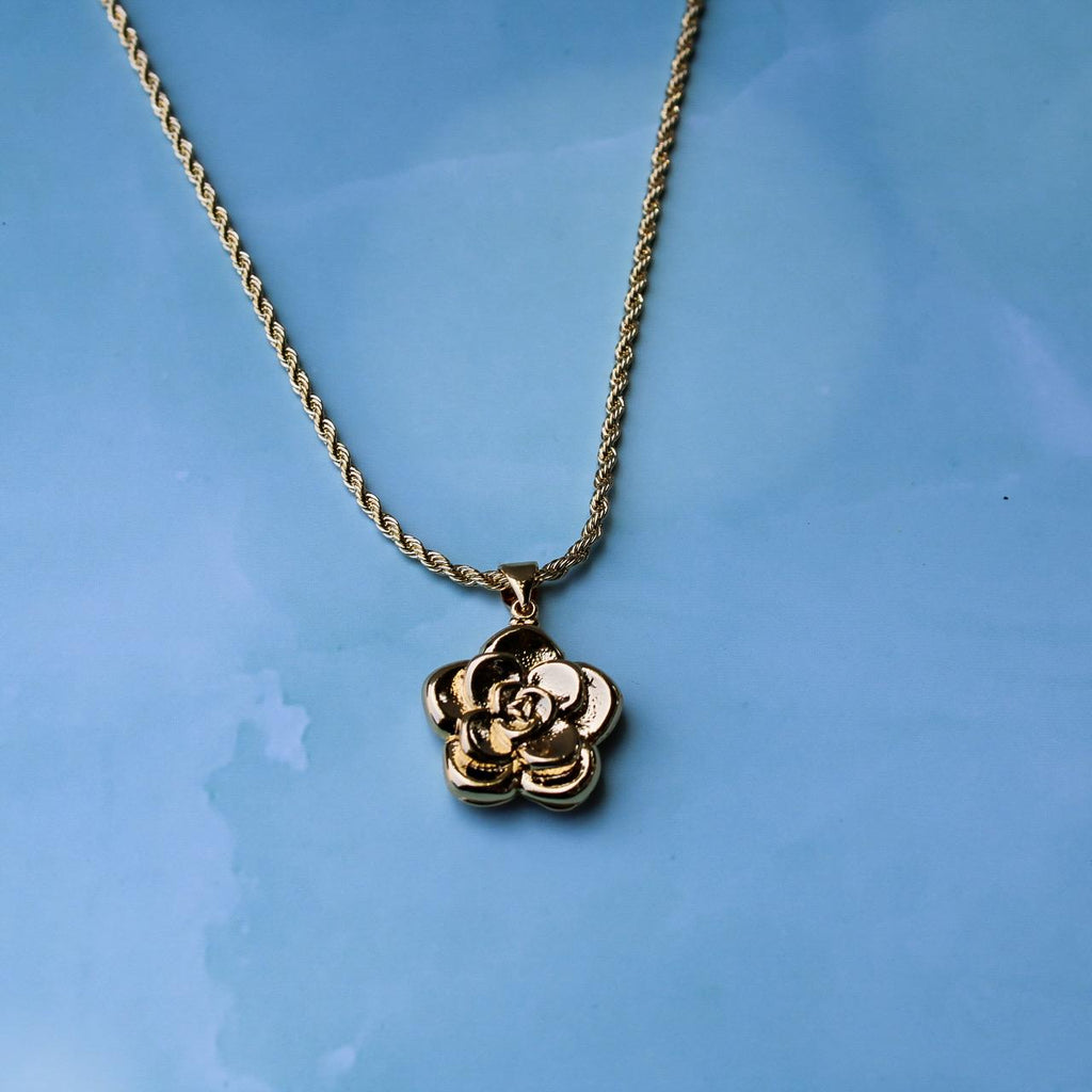 Gold Filled Rose Pendant Necklace: Delicate Rope Chain