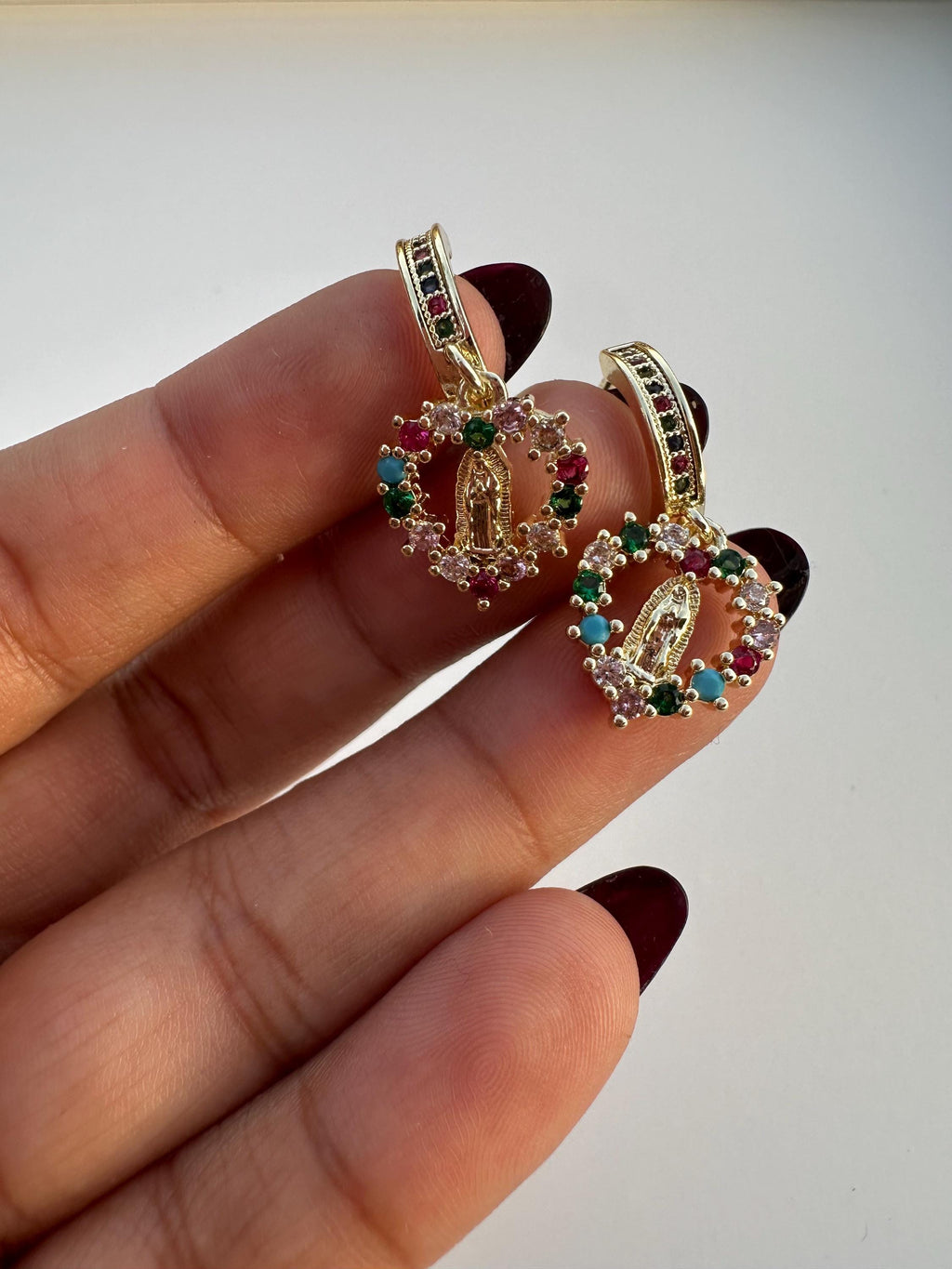 Heart Virgin Mary Huggie Hoop Earrings