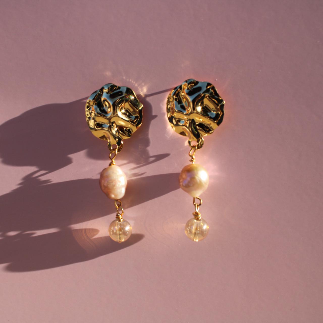 Handmade Pearl Dangle Earrings: 18k Gold Plated, Glass Bead