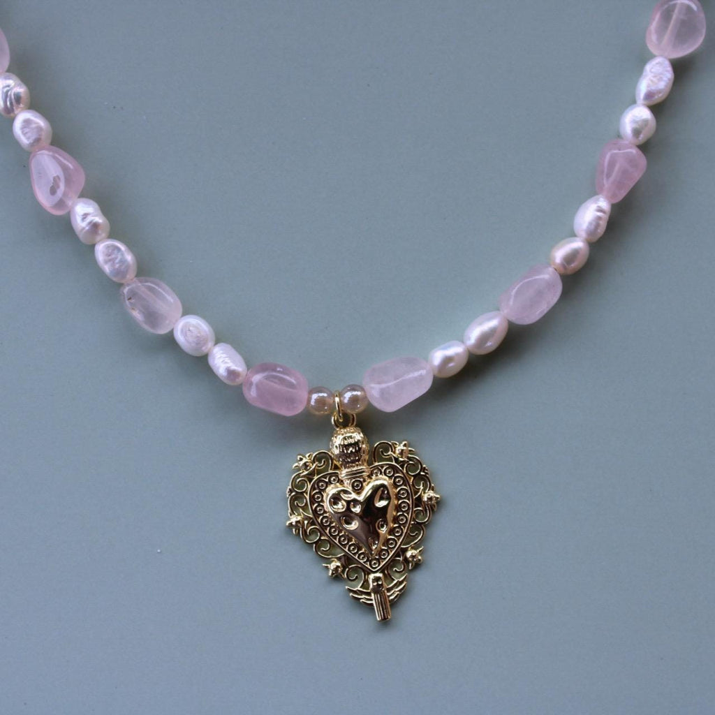 Sacred Heart Pendant Necklace: Pink Quartz & Freshwater Pearl