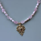Sacred Heart Pendant Necklace: Pink Quartz & Freshwater Pearl
